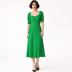 J.Crew Green Floral Ditsy Sweetheart Midi Dress Puff Sleeve 00 Smocked Cuff